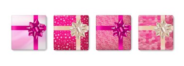 Sevgililer Günü, doğum günü, yıldönümü, beyaz arka planda düğün için fiyonklu hediye kutuları. Gerçekçi hediyeler koleksiyonu düz bir görünüm sunar. Vektör illüstrasyonu