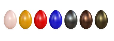 Beyaz arka planda izole edilmiş farklı gerçekçi Paskalya yumurtaları. Vektör illüstrasyonu