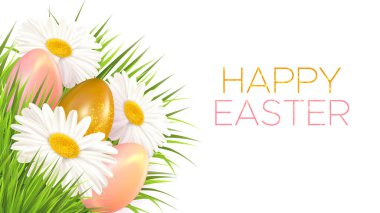 Yumurta, papatya ve karahindiba ile Paskalya arkaplanı. Davetiye kartı, afiş, paskalya yumurtaları ve bahar çiçekleriyle dolu poster. Vektör illüstrasyonu