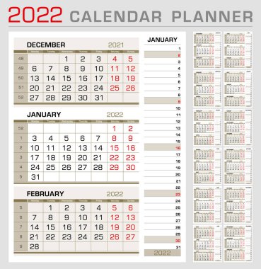 Calendar planner template 2022. Week start from Monday. 3 month calendar on page, with right stripe calender of the topical month. Ready for print. Vector Illustration clipart