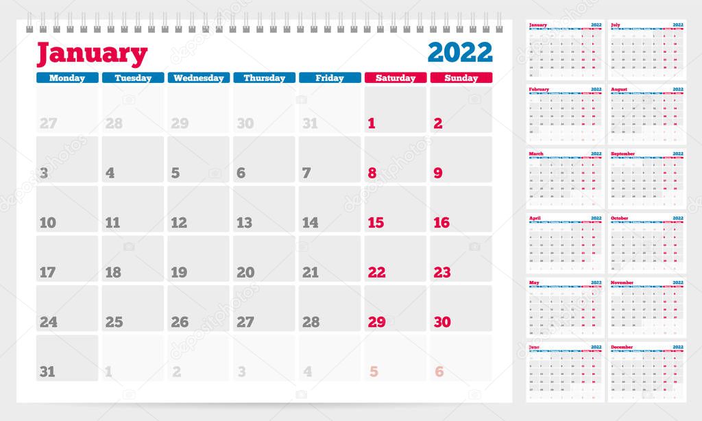 Calendar 2022 planner template. Week Starts on Monday. Set of 12 Months. Vector Illustration