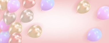 Pembe arka planda uçan hava balonları. Metin için alanı olan gerçekçi hava balonlarının bileşimi. Parti için tatil tasarımı, doğum günü, yıldönümü, sevgililer günü, düğün. Vektör illüstrasyonu