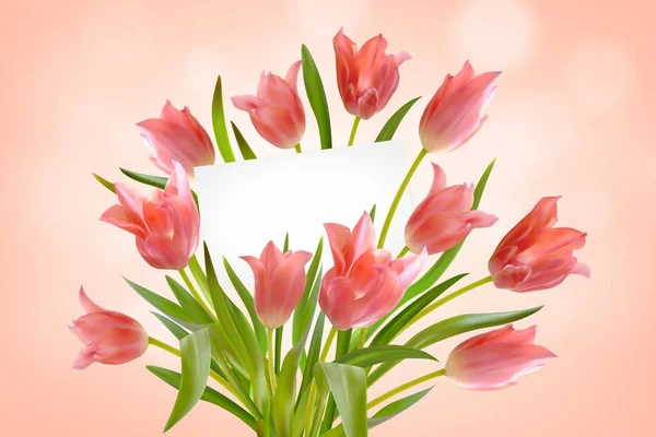 Bouquet Tulipani Realistici Con Biglietto Auguri Sfondo Rosa Carta Carta — Vettoriale Stock