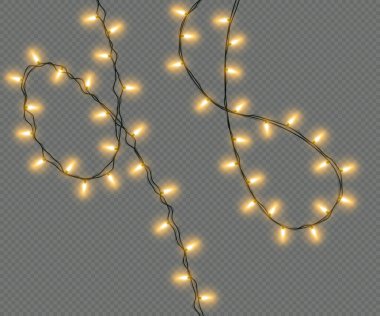 Şeffaf bir arka planda izole edilmiş Noel ışıkları. Sarı ampullerin Noel elektrik çelengi. Noel tebrik kartı tasarımı için parlayan ışıklar, tatil süslemeleri. Vektör illüstrasyonu