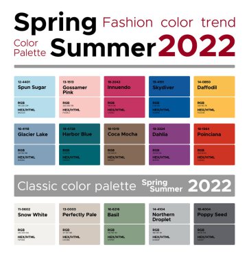 Moda renk trendleri bahar 2022. Renk örnekleri, RGB, HEX renkleri içeren palet renk rehberi.