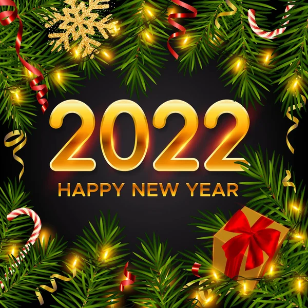 2022 Nieuwjaarsachtergrond Met Realistische Dennentakken Glanzende Bloemenslingers Geschenkdoos Snoepstokken Serpentijn — Stockvector