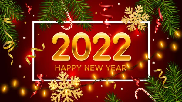Nieuwjaar Kerst Rode Achtergrond Met Gouden Cijfers 2022 Realistische Dennentakken — Stockvector
