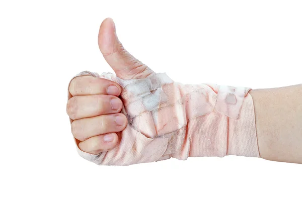 Thumb up showing by hand with bandages isolated on white — Stock Photo, Image