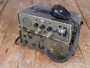 old amateur ham radio on wooden table clipart