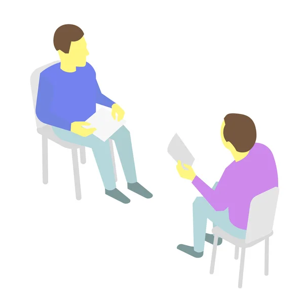 Dwie osoby rozmowa siedzący na krzesła. Z papieru w dłoni. — Wektor stockowy