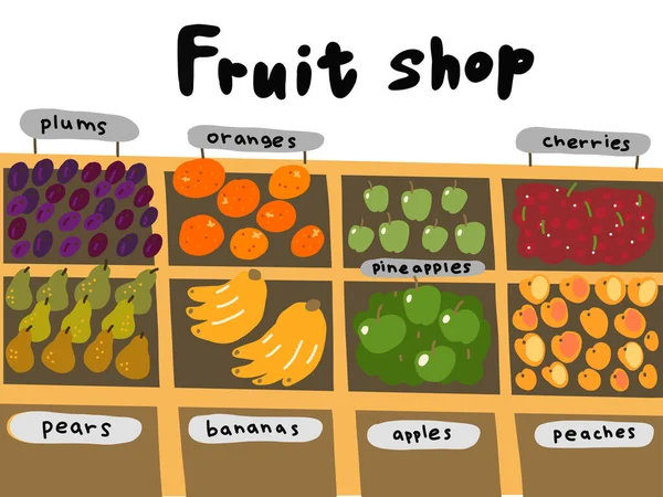 Sokak pazarı. Meyve dükkanı çizim seti. Portakallar, muzlar, ananaslar, armutlar ve erikler. El çizimi. Vektör çizgi film illüstrasyonu. — Stok Vektör