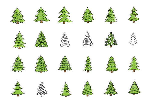 Kleine Weihnachtsbäume sind gesetzt. Grüne Nadelbäume. Neujahrstanne. Handgezeichnete Skizzen Vektor-Kit. — Stockvektor