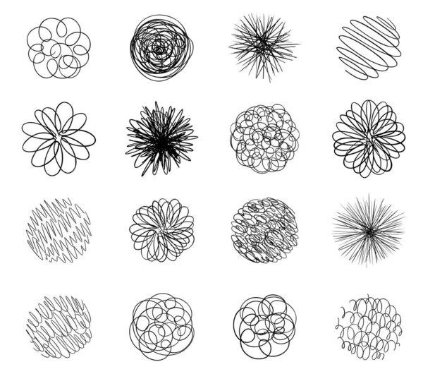 Набросок круглой запутавшейся линии. Рисунок карандашом. Вектор нарисован вручную. Абстрактный фон. Чёрный контур.