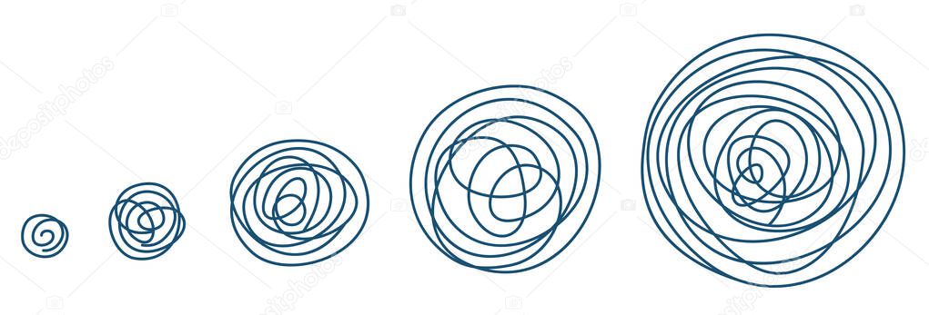 Round tangled line size set sketch. Pen Hatched drawing picture. Hand drawn vector. Abstract blue outline.