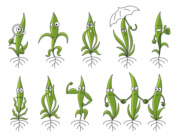 Planta joven personajes establecidos. Brotes amistosos germinación. La mascota de las plántulas. Plantas creciendo. Ciencias agrícolas. Vector dibujos animados planos. — Archivo Imágenes Vectoriales