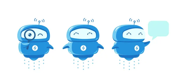 Robot service mascotte. Ondersteuning chatbot dialoogbericht. Automatisch zoeken. Kleine blauwe vliegende slimme karakter. Cartoon vector plat. — Stockvector