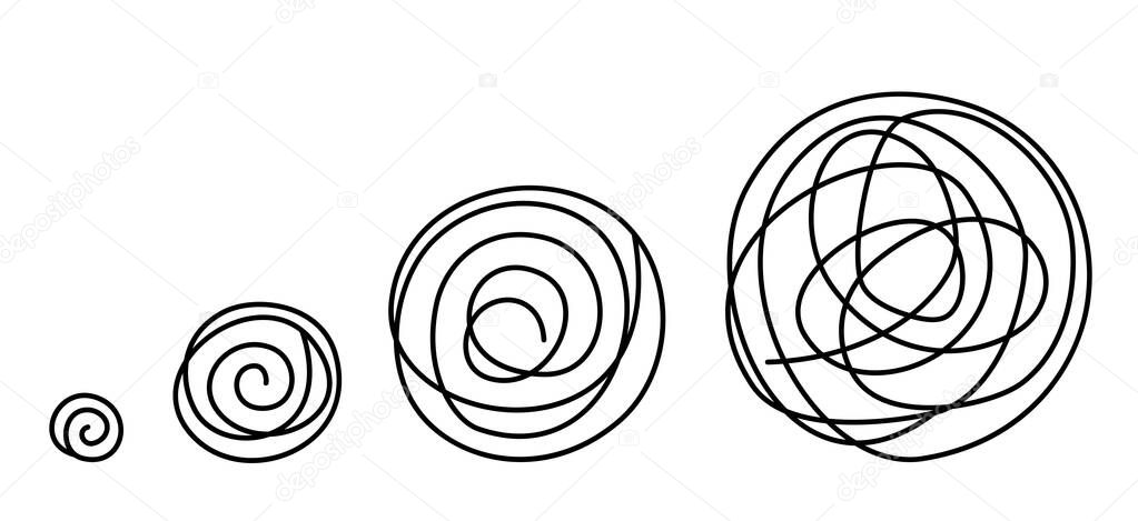 Round tangled line size set sketch. Pen hatched drawing picture. Hand drawn vector. Abstract blue curl outline.