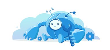 Bozuk yuvarlak robot. Servis sahnesini onarıyor. Hata yapma durumu. Çizgi film vektörü düz. Karakter maskotu. Destek işe yaramıyor. Hizmet Merkezi.