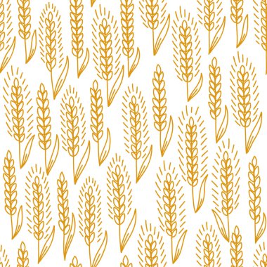 Mısır gevreği tarlası. Buğday pürüzsüz desen. Ekmek ambalajı arka planı. Çavdar ekmeği kulakları. Tarım tahılı. Turuncu renk çevre çizgisi vektörü.