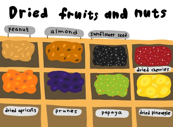 Gatumarknadsskiss. Torkade frukter och nötter. Torkade aprikoser och ananas. Handritad. Vektor tecknad illustration. — Stock vektor