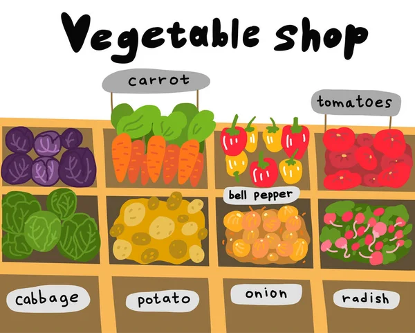 Straßenmarkt. Skizzenset für Zutaten aus dem Gemüseladen. Handgezeichnet. Tomaten-Karotten-Kohl und viele andere Gemüsearten. Farbige Vektor-Karikatur. — Stockvektor