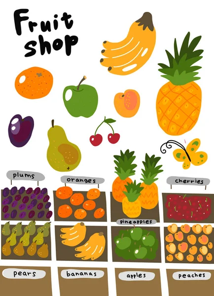 Sokak pazarı. Meyve dükkanı çizim seti. Portakallar, muzlar, ananaslar, armutlar ve erikler. El çizimi. Vektör çizgi film illüstrasyonu. — Stok Vektör