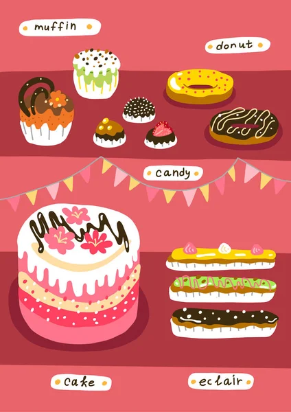 Магазин сладостей. На витрине. Конфеты с пончиками и эклер. Выбор десерта. Ручной рисунок. Векторный плакат. Карикатура. — стоковый вектор