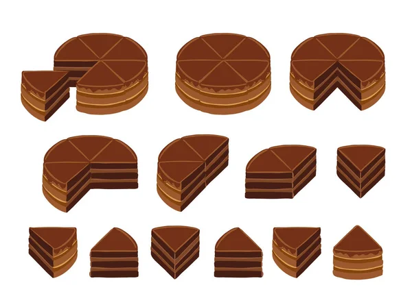 Pedazos de pastel de chocolate. Conjunto de diagrama infográfico. Todo el pastel y sus partes. Pastel para separar. Ilustración del vector de vista isométrica. — Vector de stock