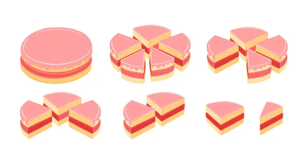 Pièces d'infographie gâteau rose ensemble. Le gâteau entier et ses parties. Crème rouge. Illustration vectorielle de vue isométrique. — Image vectorielle