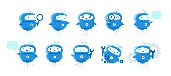 Kleine vliegende Robot mascotte personage set. Ondersteuning service-centrum. Chat bot. Zoeken met vergroten. Voor alle taken. Cartoon vector illustratie. — Stockvector