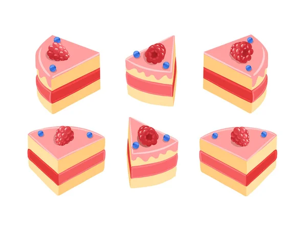 Des morceaux de gâteau rose. Avec des framboises. Crème rouge. Trancher la tarte séparément. Vecteur de vue isométrique. — Image vectorielle