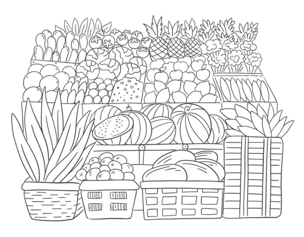 Straßenmarkt. Früchte präsentiert. Lebensmitteleinzelhandel. Ladengeschäft. Handgezeichnete Skizze. Vektorillustration. — Stockvektor