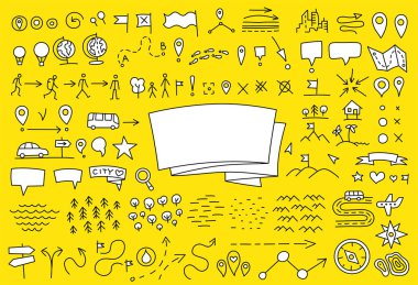 Map set yellow doodle background. Geographical travelers notes. Yearbook cover. Hand drawn sketch vector black line contour. vector