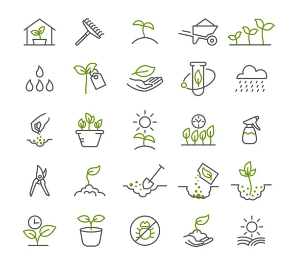 Set of icons. Growing seedlings plant shoots. Agriculture and agronomist. Biotechnology plants and flasks. Vector contour line. — Stock Vector