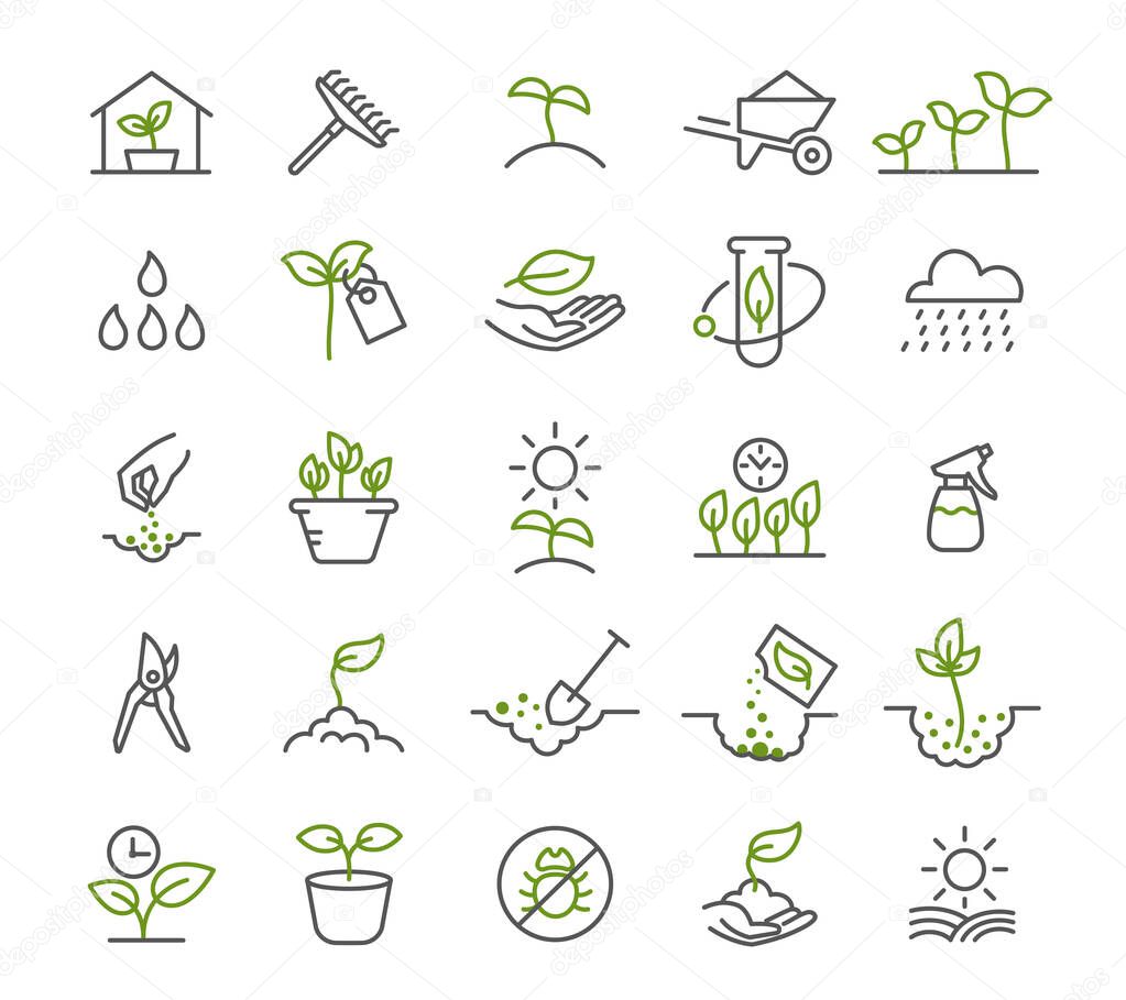 Set of icons. Growing seedlings plant shoots. Agriculture and agronomist. Biotechnology plants and flasks. Vector contour line.