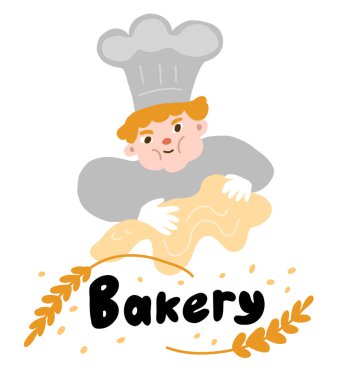 Karakter karikatürü Baker ya da mangırla yemek pişirmek. Fırın afiş dükkanı. Poster tabelası. El çizimi eskiz. Vektör karikatürü.