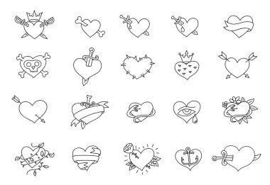 Kalp simgeleri koleksiyonu. Contour hattı. Pierce oku. Korsan kemikleri. Yılan kafatası ve bıçak. Erkekler için sevgililer günü aşkı. Vektör illüstrasyonu.