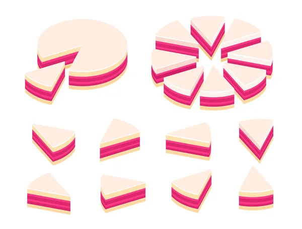 Pedaços de infográficos de bolo de torta. Corte o bolo inteiro e suas partes de fatia se separam. Vista isométrica. Conjunto de ilustrações vetoriais. — Vetor de Stock