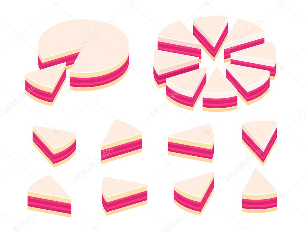Pieces of pie cake infographics. Cut whole cake and its slice parts split up. Isometric view. Vector illustration set.
