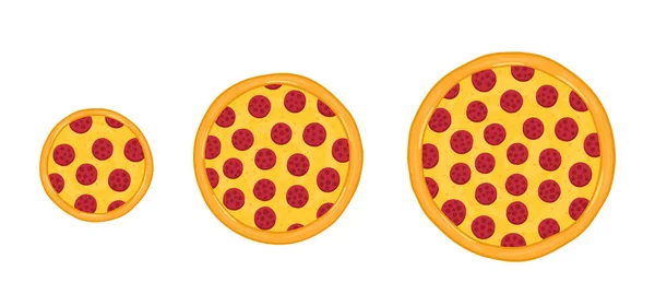 Tamaños de pizza. Mano dibujada. Ilustración de infografía vectorial. Pequeño, mediano y grande. — Vector de stock