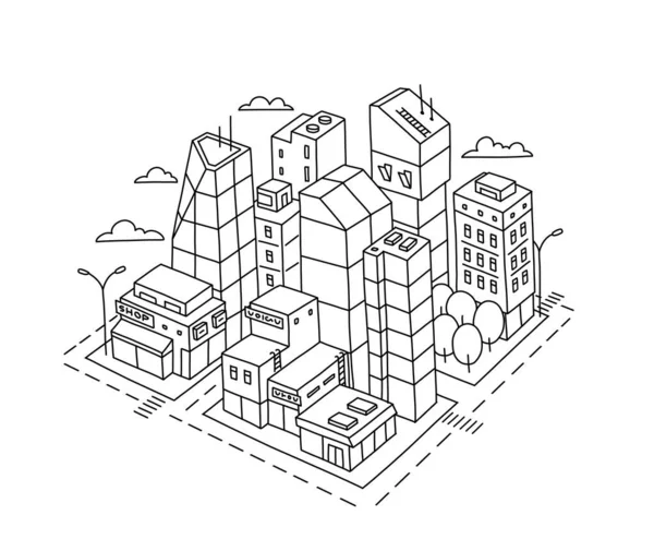 City district square. Locality area sketch. Hand drawn vector line. Isometric view. Contour illustration. — Stock Vector