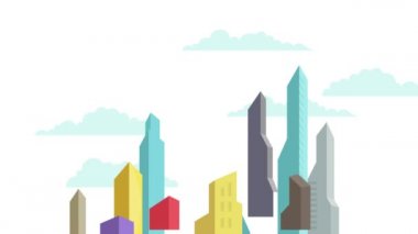 Şehir gökdeleni panoraması. Animasyon. Tepeden tırnağa görünüyor. Evler aşağı atlıyor. Yüksek binalar. Modern mimari manzarası. Renkli hareket grafikleri.