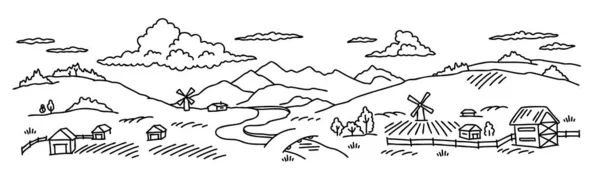 시골 풍경. 마을의 밭 과 언덕들. 손으로 그린 스케치. 카운트 사이드. 벡터장 벡터 라인. 수평 깃발. 강 과 다리. — 스톡 벡터