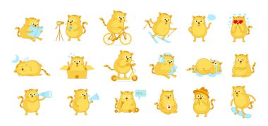 Kedi büyük çıkartmalar seti. Maskot karakteri. Aktif yaşam tarzı evcil hayvan durumu. Müzik kulaklıkları. Dedektif, bakın. Kahveye bayılırım. Çizgi film vektörü.