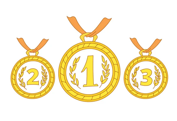 Gold medals. First second and third place. Competition award. Hand drawn vector. Editable stroke. Outline contour line. Stock Vector