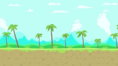 Parallaks animasyonu. Orman palmiyeleri ve volkanla kaplı bir manzara. Oyun arkaplan katmanı. Kusursuz bitmeyen video döngüsü. Yatay yol hareketi. Görüntü.