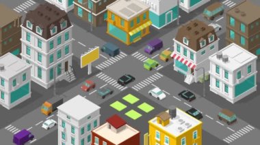 Yol Kavşağı. Isometric şehir animasyonu. Şehir merkezi sokağı. Kusursuz bitmeyen video döngüsü. Arabalar hareket ediyor. Binaların manzarası çok güzel. Hareket grafikleri görüntüleri.