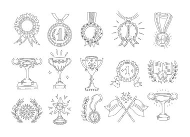 Ödül kupaları ve madalyalar. Simge seti, elle çizilmiş düz stil. Birincilik, en büyük başarı. El çizimi çizimi dış hat çizgisi. Yolları açın. Düzenlenebilir vuruş.