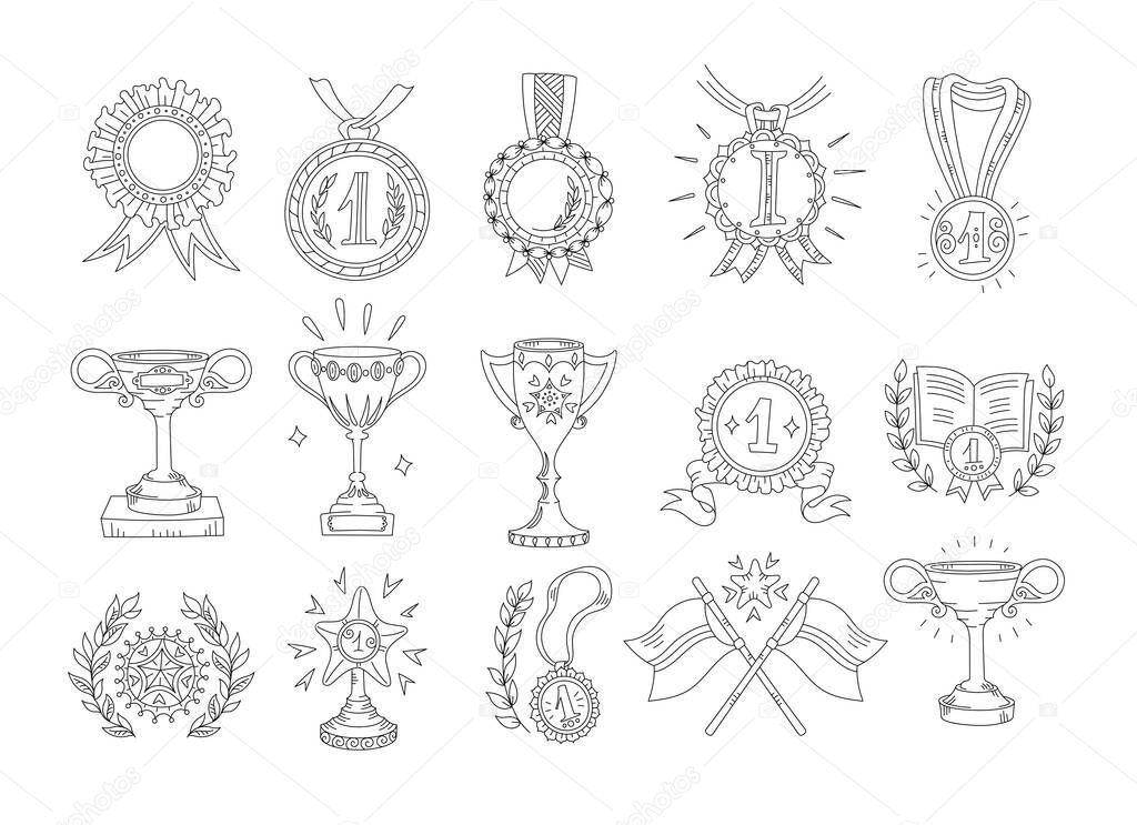 Awards cups and medals. Icon set, hand-drawn flat style. First place, top achievement. Hand drawn sketch outline contour line. Open paths. Editable stroke.