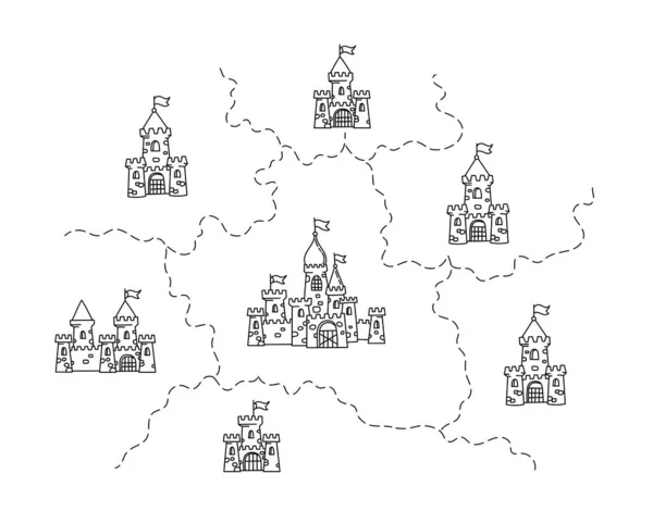 Seven Kingdoms on the map. Castles and state borders. Hand drawn sketch vector line. Open paths. Editable stroke. — Stok Vektör